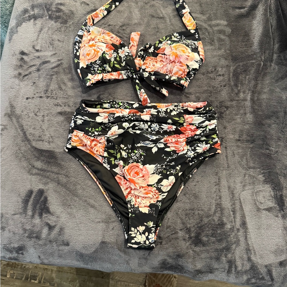 Cupshe Black Floral Bikini with Orange and White Accents